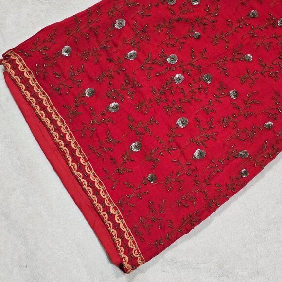 Vintage Express Red Embroidered Dress Small With Beaded Floral Boho Design 90's - Picture 15 of 16